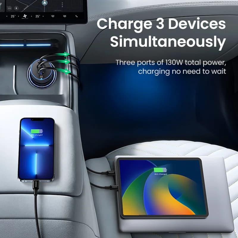130W dvigubo USB-C automobilinis įkroviklis