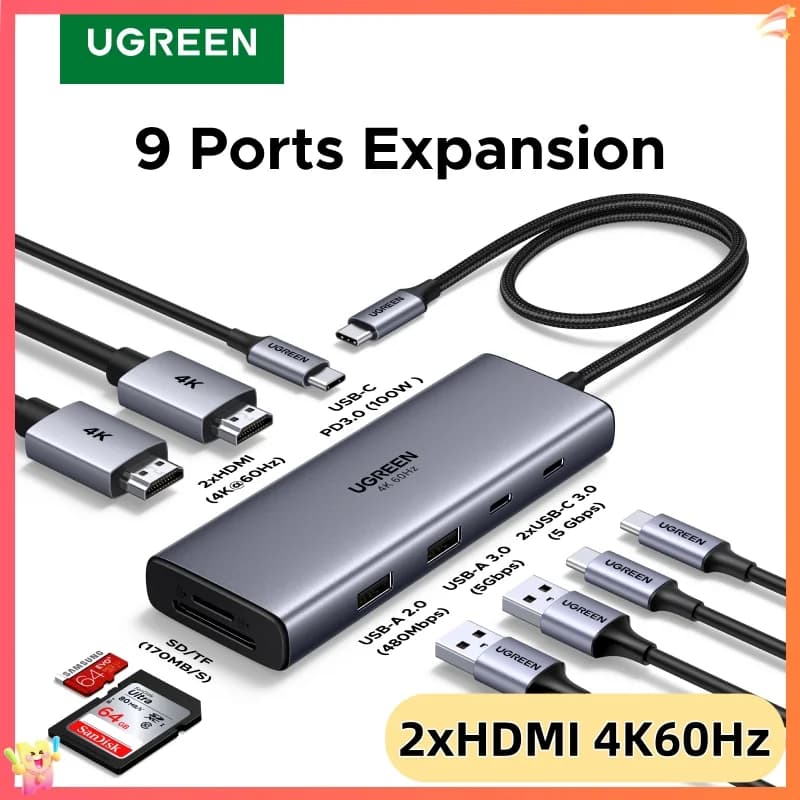 9-in-1 USB-C Hub su dviem 4K HDMI ir PD100W