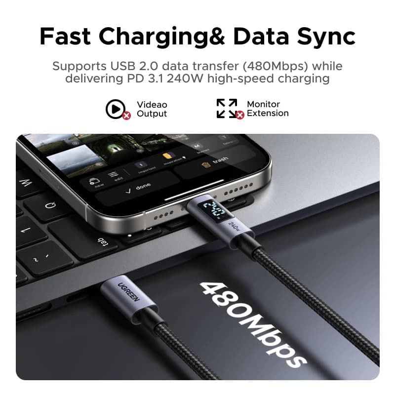 240W USB-C kabelis su skaitmeniniu energijos rodikliu