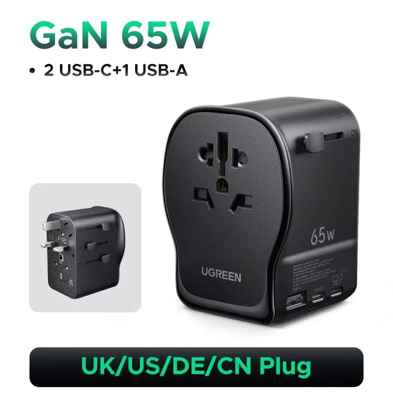 65W GaN universalus kelioninis adapteris, su įžemimu
