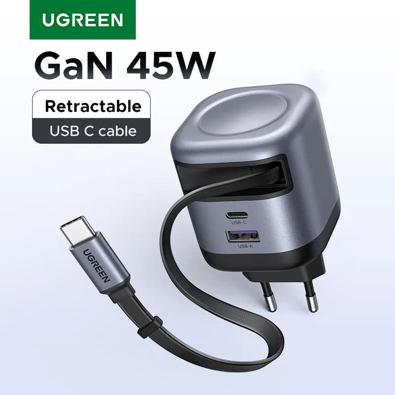 45W GaN USB-C įkroviklis su susitraukiančiu laidu