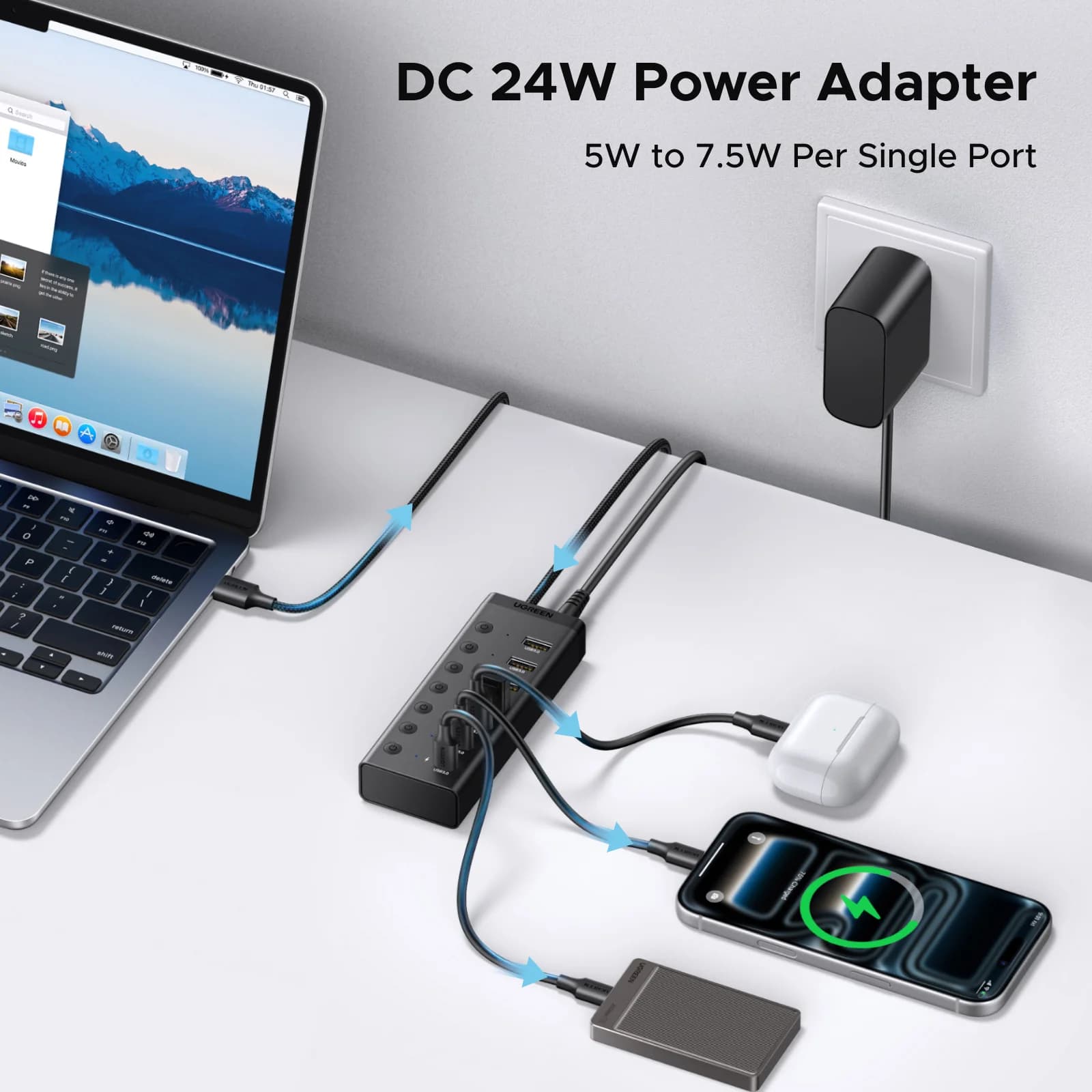7 prievadų USB 3.0 šakotuvas su DC maitinimo adapteriu