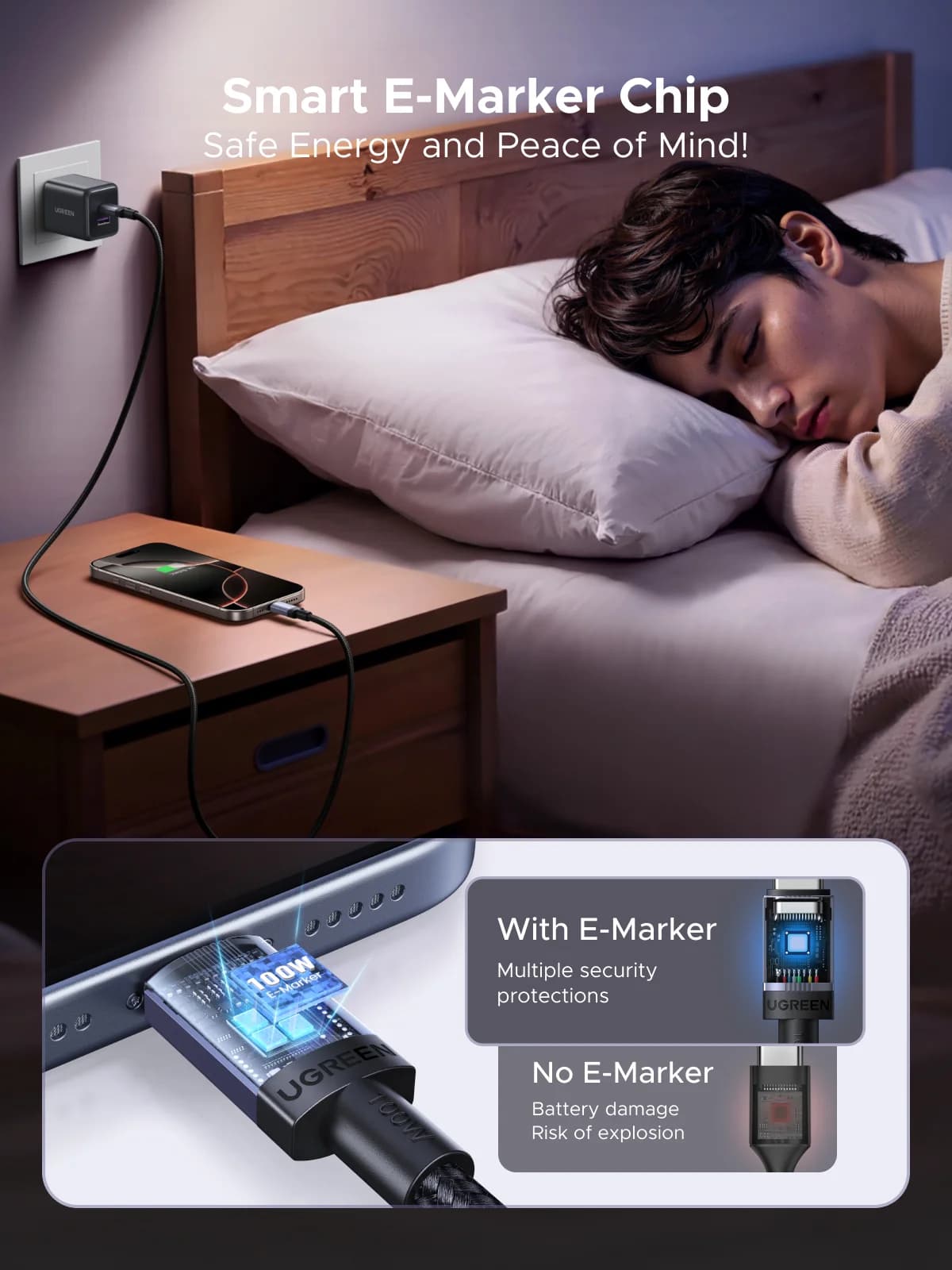 USB-C greito įkrovimo kabelis, 100W, 5A