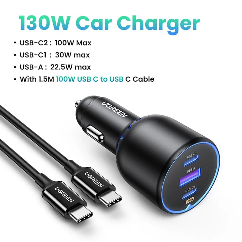 130W dvigubo USB-C automobilinis įkroviklis