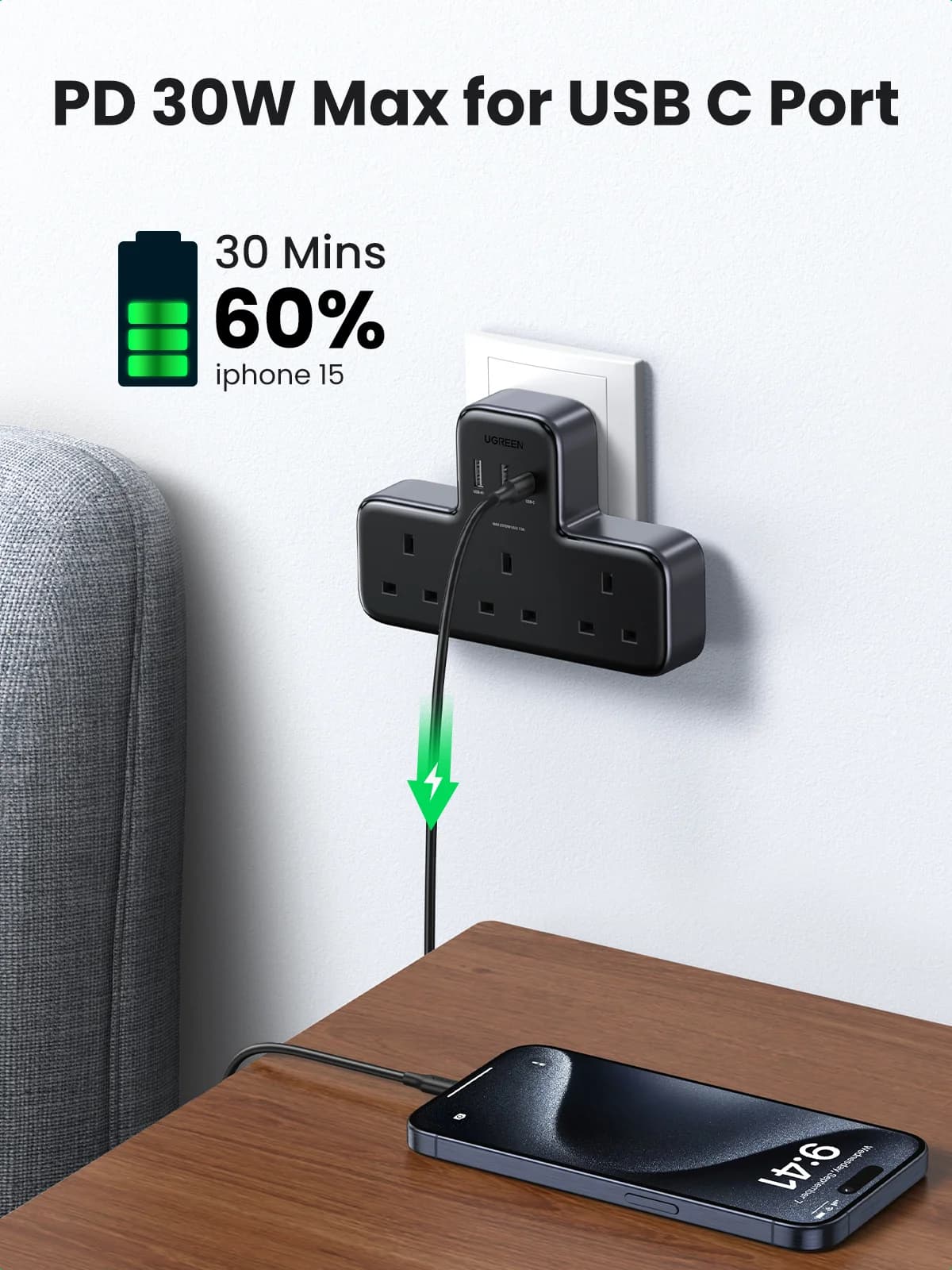 UK kištuko maitinimo juosta su lizdais ir USB adapteriu