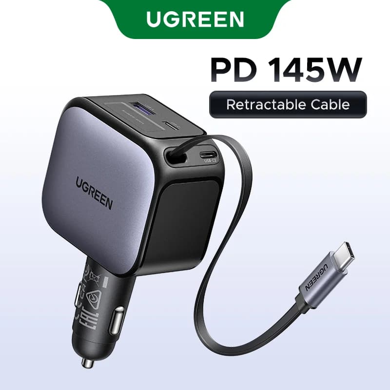 145W automobilinis įkroviklis su 3 USB-C prievadais ir ištraukiamu laidu