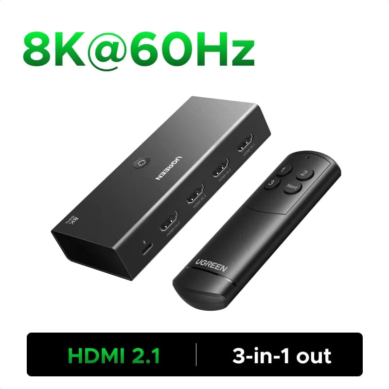 HDMI 2.1 perjungiklis, 3 įėjimai - 1 išvestis, 8K, nuotolinio valdymo pultas