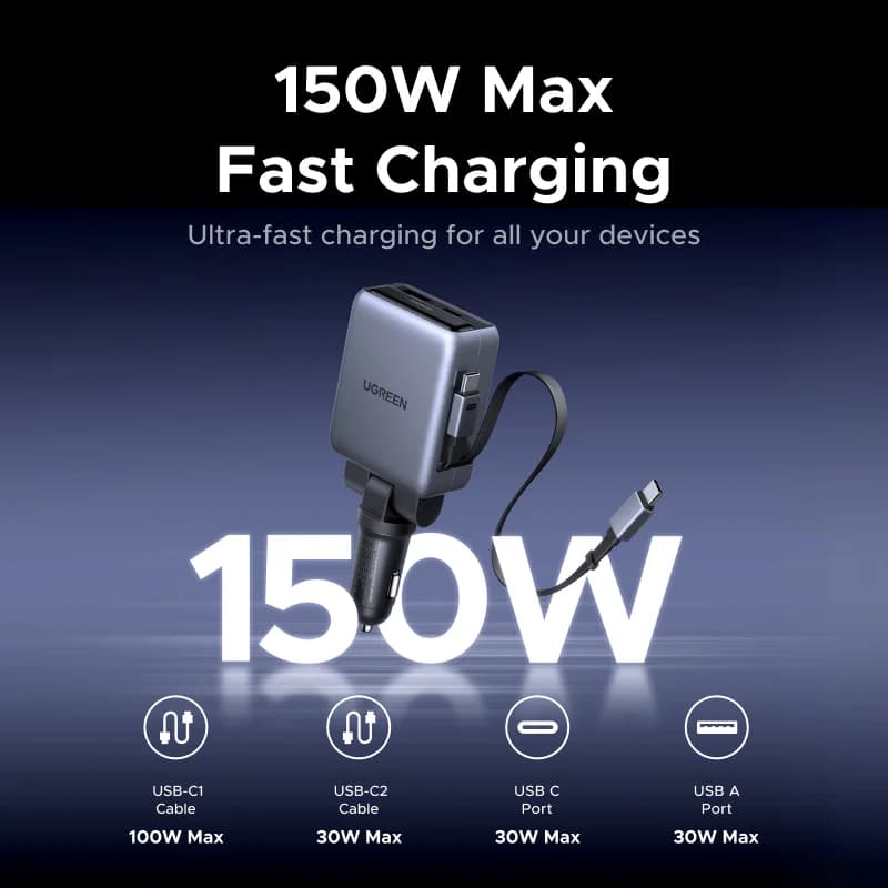 150W automobilinis įkroviklis su įtraukiamais laidais