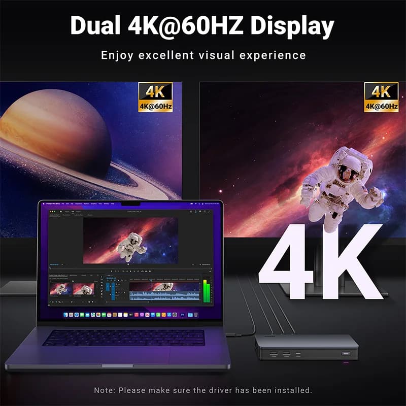 9-in-1 USB-C dokymo stotis su trimis ekranais