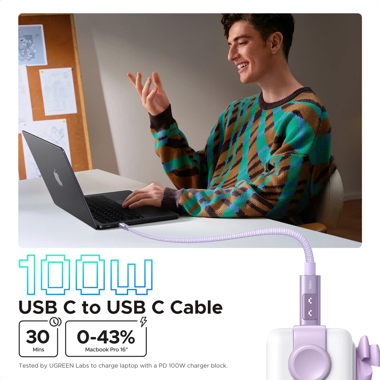 USB-C į USB-C laidas, 100W PD, daugiaspalvis