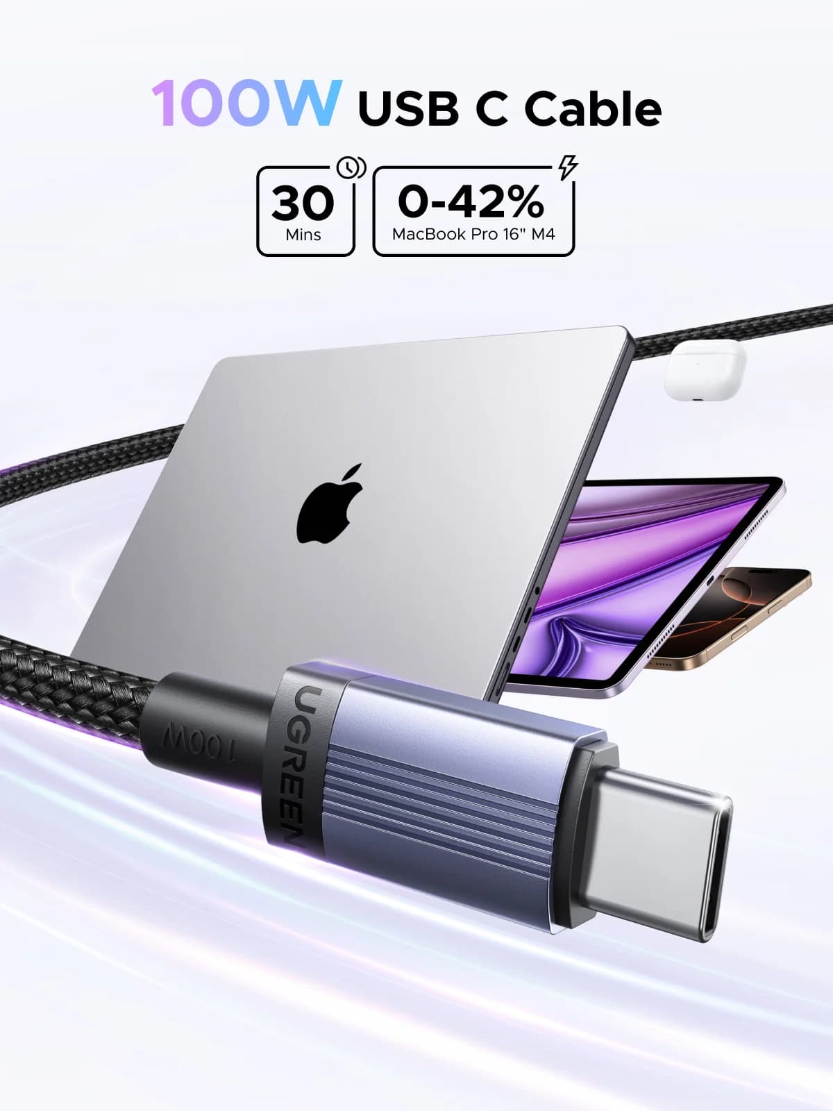 USB-C greito įkrovimo kabelis, 100W, 5A