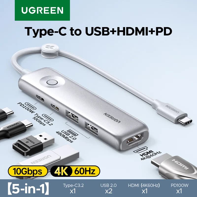 5-in-1 USB-C šakotuvas, 4K HDMI, 10Gbps, PD100W