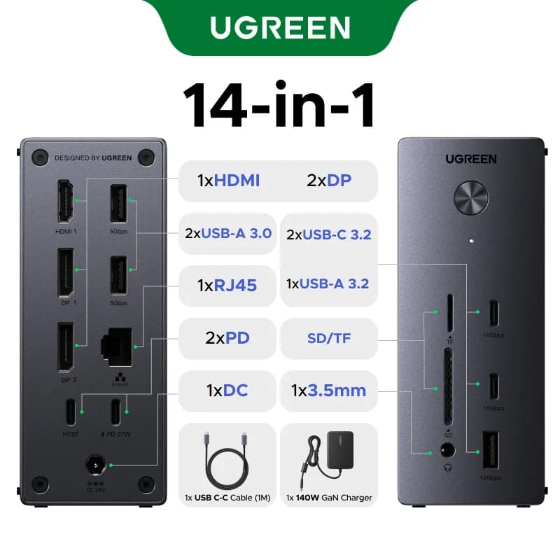 14-in-1 USB-C dokavimo stotis, trigubas ekranas, 10Gbps