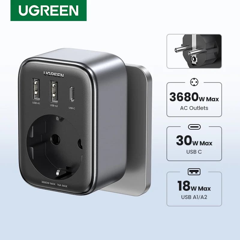 30W GaN PD įkroviklis su AC lizdais ir USB prievadais