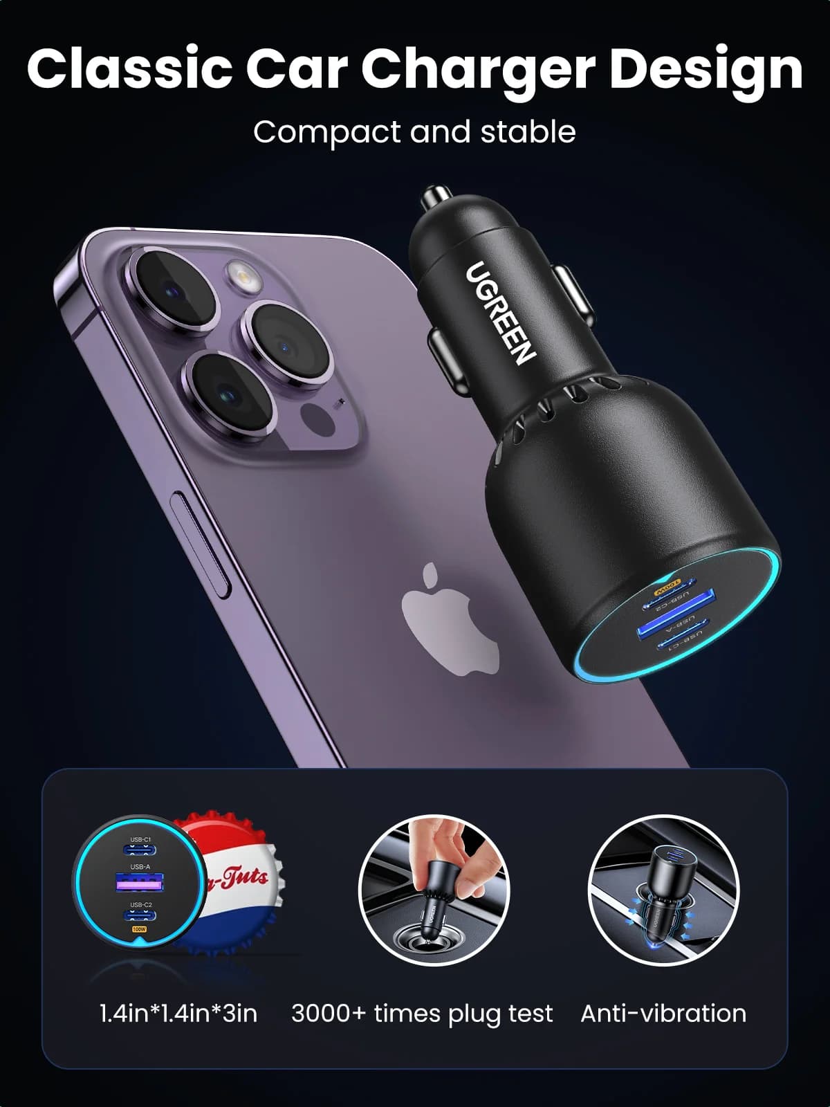 130W USB-C greitas automobilinis įkroviklis su PD kabeliu