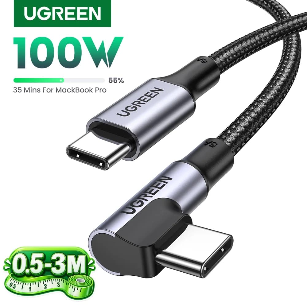 USB-C kabelis, 90 laipsnių kampu, 100W PD, žaidimams