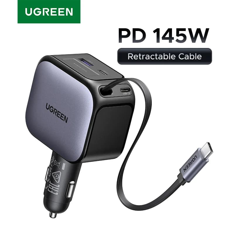 145W USB-C automobilinis įkroviklis su susitraukiančiu laidu